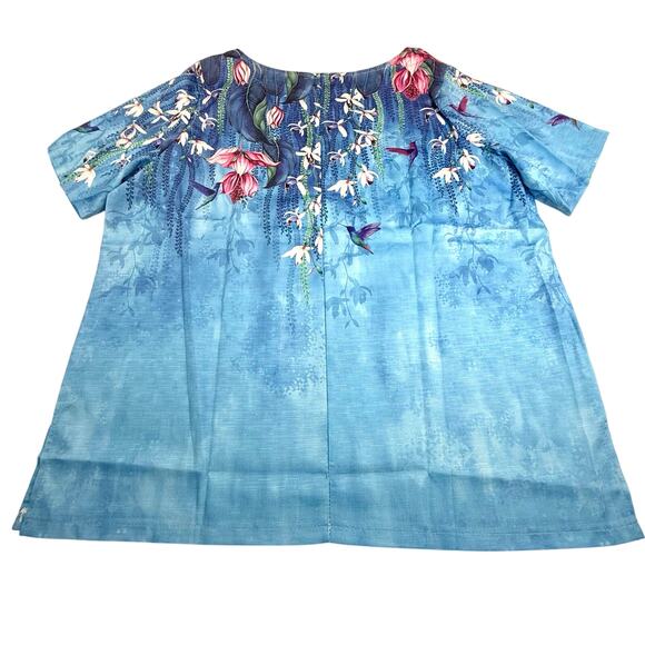 New In Bag Peacock Blue Floral Accent Short Sleeve Pop Over Top Lightweight - Picture 2 of 16